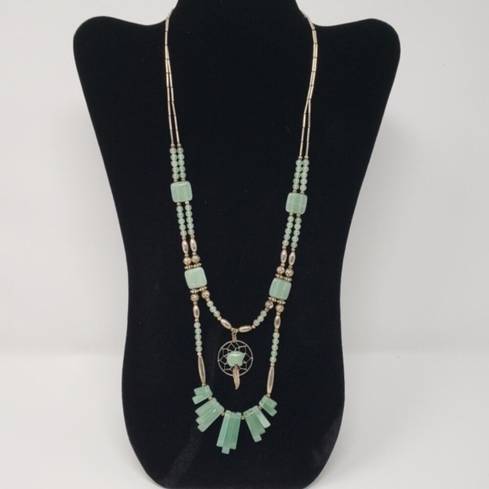Silver-Tone & Green 2-Strand Necklace w/ Dreamcatcher Pendant